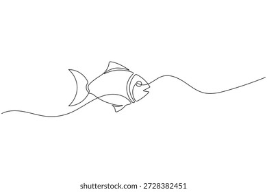 Minimalist continuous one line drawing of a fish swimming in ocean waves