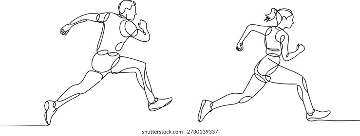 Dibujo minimalista continuo de una línea que captura a dos corredores en acción dinámica, un hombre y una mujer. Esta ilustración representa el movimiento, la velocidad y la forma física, ideal para los deportes, la salud y los diseños de estilo de vida activo. Representa la asociación y la búsqueda atlética con la simplicidad moderna.