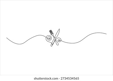 Minimalist continuous one line drawing of a crossed knife and fork with elegant swirls. Artistic dining icon for boutique restaurants and branding.