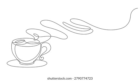Minimalist continuous one line drawing of a hot coffee cup with flowing steam, simple linear vector illustration isolated on white background with copy space. Editable stroke