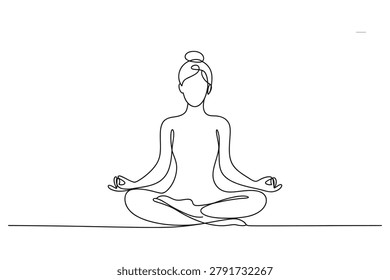 Minimalist continuous one line drawing of a woman sitting in lotus pose with meditation mindfulness wellness serenity minimalist continuous spiritual exercise lifestyle abstract illustration