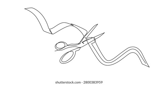 Minimalist continuous one line drawing of scissors cutting a ceremonial ribbon, symbolizing grand opening, inauguration, business launch, success, celebration, and new beginnings