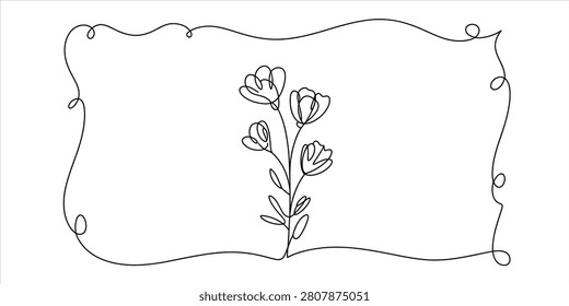 Minimalist Continuous One Line Drawing of Flowers with Decorative Border in a Simple Elegant Style
