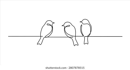 Minimalist Continuous One Line Drawing of Three Birds Perched on a Wire in a Simple Modern Style