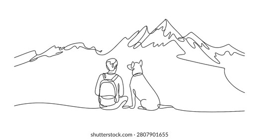 Minimalist Continuous One Line Drawing of Person with Backpack and Dog Walking Near Mountain Range Outline