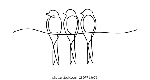 Minimalist Continuous One Line Drawing of Three Birds Perched on a Wire in a Simple Modern Style