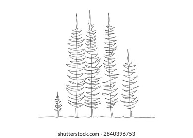  Minimalist Continuous One Line Drawing of Tall Pine Forest Trees on White Background