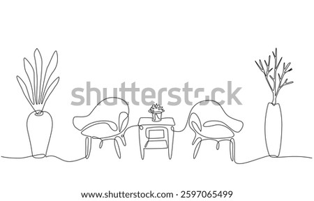 Minimalist continuous one line drawing of a cozy seating area with two modern chairs, a small table, and decorative plants. for interior design, relaxation, and lifestyle concepts. Editable stroke