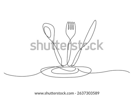 Minimalist continuous one line drawing of spoon, fork, and knife on a plate, elegant vector illustration representing kitchen utensils, cooking tools, and dining concept. Editable stroke	