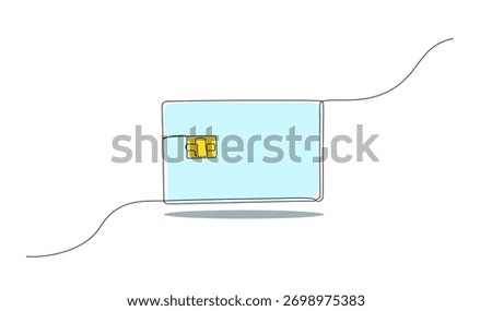 Minimalist continuous one line drawing of a credit card with chip, symbolizing digital payment and modern finance in simple elegant design. Vector illustration. Editable stroke