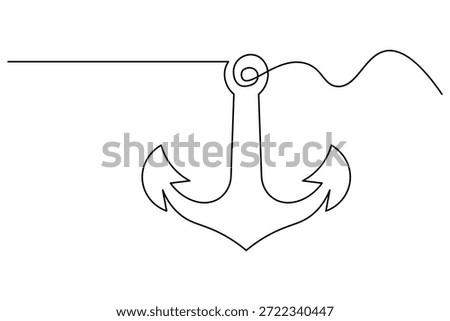 Minimalist continuous one line drawing of marine ship anchor, suitable for nautical logo branding, sailing lifestyle posters, yacht club visuals, coastal decor prints, and clean ocean inspired design use