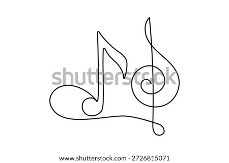 Minimalist continuous one line drawing of music notes on a clean white background. Abstract musical illustration ideal for modern design music concepts branding and creative projects.
