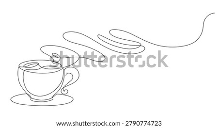 Minimalist continuous one line drawing of a hot coffee cup with flowing steam, simple linear vector illustration isolated on white background with copy space. Editable stroke
