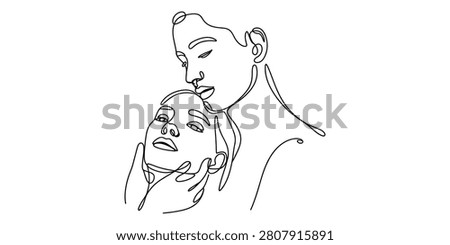 Minimalist Continuous One Line Drawing of Two Women Embracing in a Simple Abstract Artistic Style
