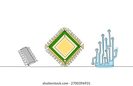 Minimalist continuous one line illustration of electronic components, featuring microchip, CPU, and circuit design symbolizing technology and innovation in digital engineering. Vector Editable stroke