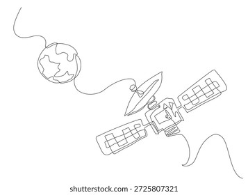 Ilustração minimalista contínua de uma linha de um satélite artificial orbitando a Terra, simbolizando a tecnologia espacial, a comunicação global, a transmissão de dados e a conectividade. Traçado editável