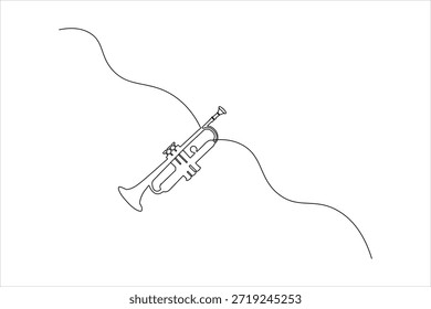 Dibujo continuo minimalista de una línea de una trompeta clásica. Arte vectorial elegante de un instrumento musical para jazz y orquesta.