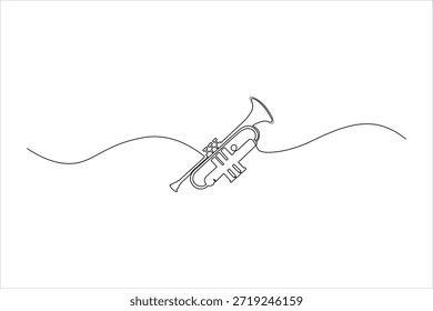 Dibujo continuo minimalista de una línea de una trompeta clásica. Arte vectorial elegante de un instrumento musical para jazz y orquesta.