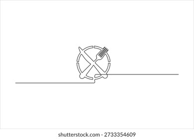 Dibujo continuo minimalista de una línea de un cuchillo y tenedor cruzados en un círculo. Icono de comedor elegante para menús de restaurante y marca de cocina.