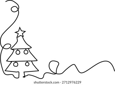 Minimalist continuous one-line drawing of a decorated Christmas tree with a star on top, surrounded by flowing, curled lines. Simple black and white vector illustration for holidays and winter 