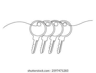 Minimalist continuous one-line drawing of four keys on a keyring. Simple and elegant outline design, ideal for security, access, or key-related concepts. Vector illustration, Editable stroke