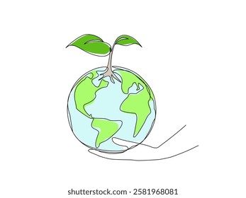 Minimalist continuous one-line drawing of a hand holding the Earth with a sprouting plant, symbolizing sustainability, environmental care, and ecological balance, Vector illustration, Editable stroke