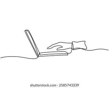 Minimalist continuous one-line drawing of a hand using a laptop. Perfect for business, technology, remote work, and digital communication concepts. Vector illustration, Editable stroke