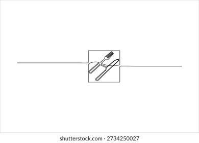 Minimalist continuous one-line drawing of a knife and fork inside a square. Modern cutlery icon for restaurant menus and food branding.