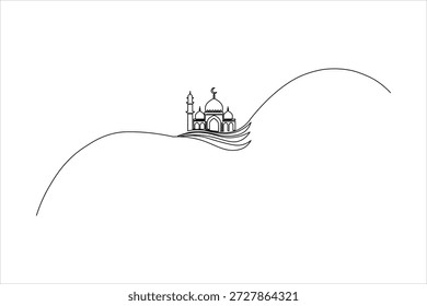 Minimalistische durchgehende einzeilige Zeichnung einer Moschee mit Kuppel und Minarett auf eleganten, fließenden Wellen, perfekt für modernes islamisches Grafikdesign.