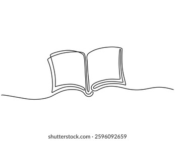 Minimalist continuous one-line drawing of an open book. Simple black outline on a white background, symbolizing knowledge, education, and storytelling. Vector Editable stroke
