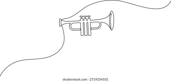 Desenho minimalista contínuo de uma linha de um trompete com uma onda musical. Vetor de contorno preto elegante para jazz, blues e projetos orquestrais.