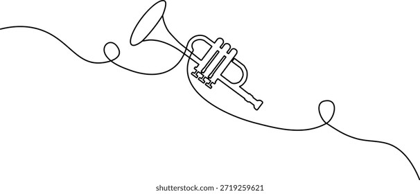 Desenho minimalista contínuo de uma linha de um trompete vintage com notas musicais. Vetor de contorno preto elegante para projetos de jazz e música clássica.