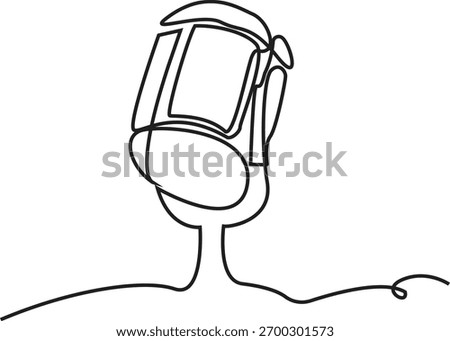 A minimalist, continuous one-line drawing of a vintage studio microphone. The single black line creates the entire object and its cord on a clean white background.