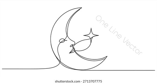 Dibujo minimalista de una sola línea que muestra una luna creciente con un sutil rostro humano. La luna mira a una Pequeña y brillante estrella de cuatro puntas, todo sobre un fondo blanco limpio