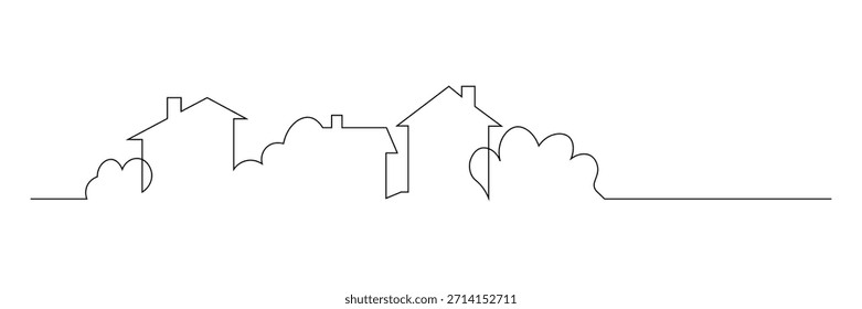 Dibujo minimalista continuo de una sola línea que representa un encantador vecindario suburbano con varias casas y exuberantes arbustos verdes en un estilo simple