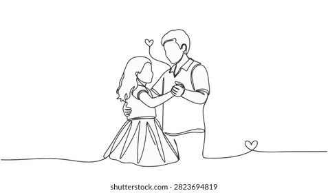 Minimalist continuous single line art illustration of a father dancing with his young daughter, featuring integrated heart symbols, representing paternal love and family bonding.