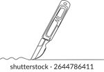 Minimalist continuous single line drawing of a utility knife with textured handle and retracted blade on white background

