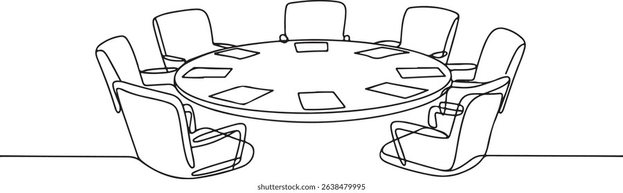 Minimalist continuous single line drawing of a round table with six chairs and scattered documents in top view composition

