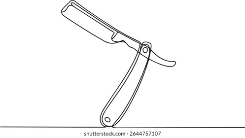 Minimalist continuous single line drawing of a straight razor with curved handle and blade in elegant black line art on white background


