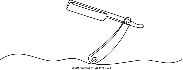 Minimalist continuous single line drawing of a straight razor with curved handle and blade in elegant black line art on white background

