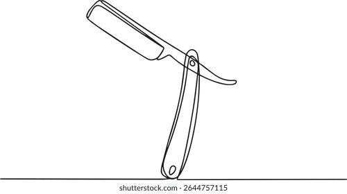 Minimalist continuous single line drawing of a straight razor with curved handle and blade in elegant black line art on white background

