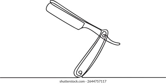 Minimalist continuous single line drawing of a straight razor with curved handle and blade in elegant black line art on white background

