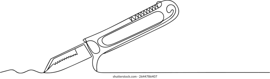 Desenho de linha única contínua minimalista de uma faca de serviço público com alça texturizada e lâmina retraída sobre fundo branco

