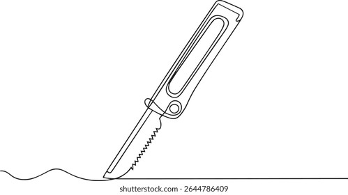 Minimalist continuous single line drawing of a utility knife with textured handle and retracted blade on white background

