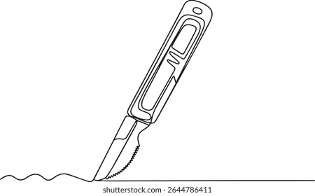 Minimalist continuous single line drawing of a utility knife with textured handle and retracted blade on white background

