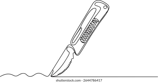 Desenho de linha única contínua minimalista de uma faca de serviço público com alça texturizada e lâmina retraída sobre fundo branco

