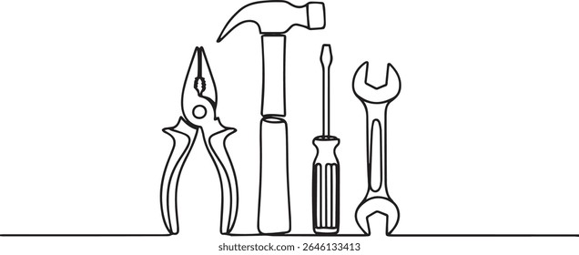 Minimalist continuous single line drawing of hand tools including pliers, hammer, screwdriver, and wrench in black and white