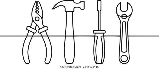 Minimalist continuous single line drawing of hand tools including pliers, hammer, screwdriver, and wrench in black and white