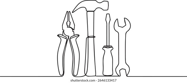 Minimalist continuous single line drawing of hand tools including pliers, hammer, screwdriver, and wrench in black and white
