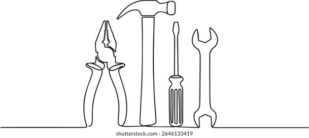 Minimalist continuous single line drawing of hand tools including pliers, hammer, screwdriver, and wrench in black and white